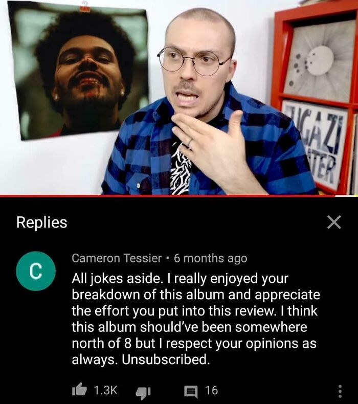 Person in glasses and blue checkered shirt reacting to comments, illustrating times comments were better than the post.