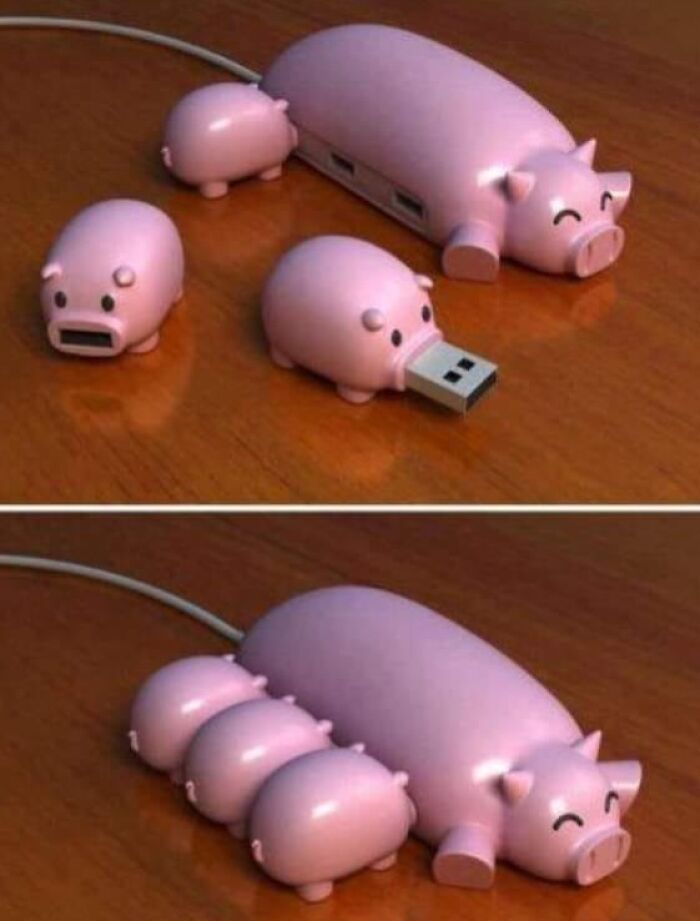 Set of cute pink pig USB devices including a hub and drives, showcasing some of the weirdest purchases people would make.