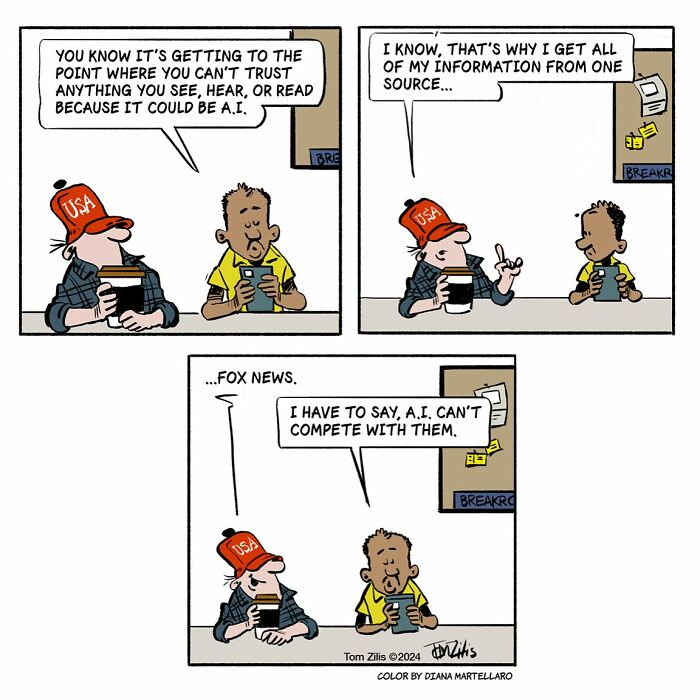 Two men in a comic discuss trusting information, highlighting the quirky side of life in funny comics.