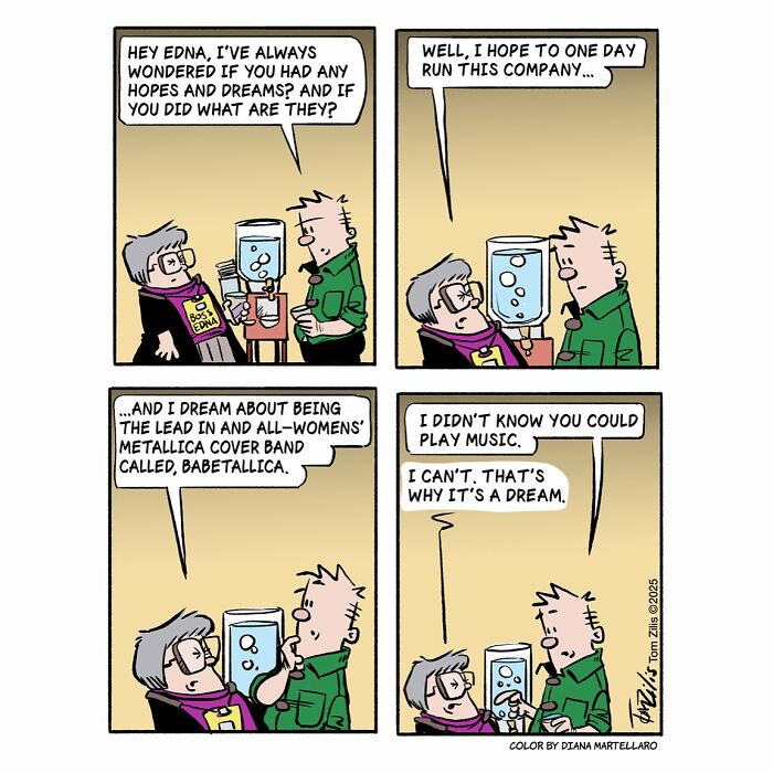 Comic strip showing quirky funny life moments with two characters discussing dreams, capturing humor in everyday conversations.