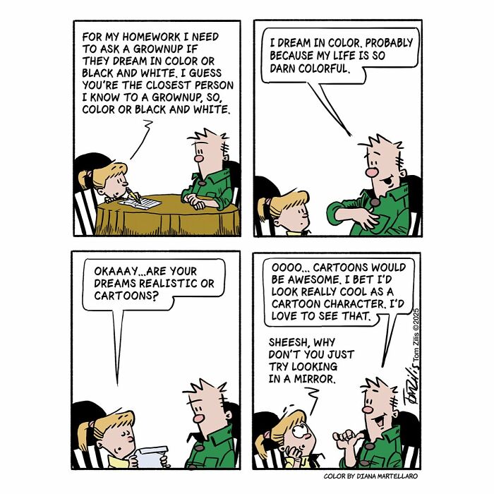 Comic strip showing a quirky conversation about dreaming in color, capturing the funny side of life in cartoons.
