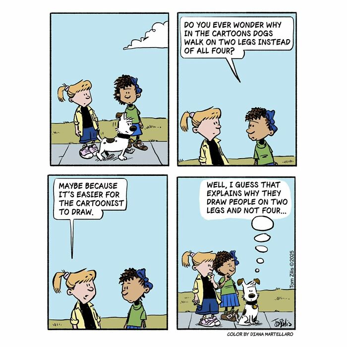 Two kids and a dog in a funny comic strip capturing the quirky side of life with humor and simple illustrations.