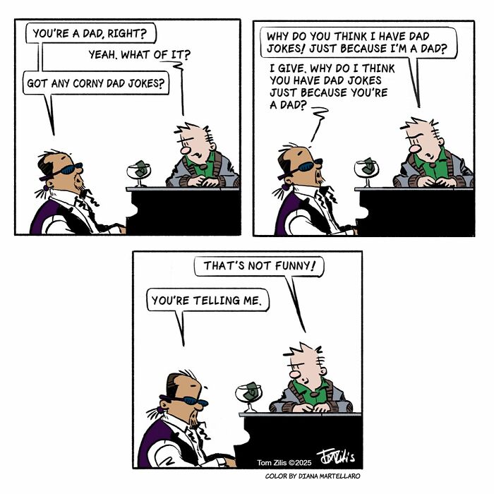 Comic strip featuring a quirky dad joke exchange, capturing the funny and quirky side of life in humorous comics.