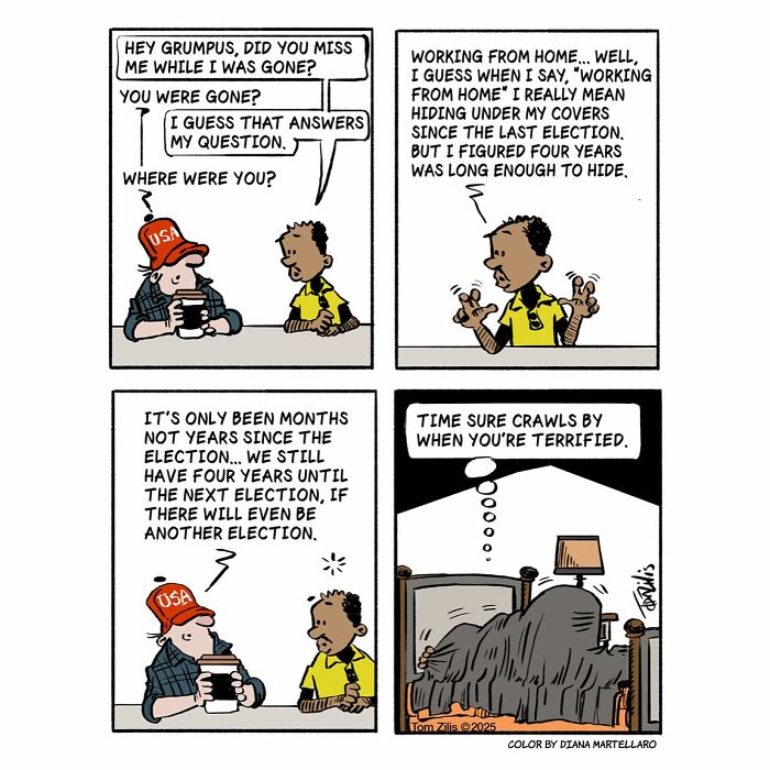 Comic panels showing quirky characters discussing politics and working from home in a funny comic style capturing life’s humor.