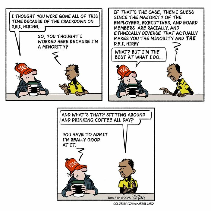 Comic strip showing a humorous conversation, capturing the quirky side of life in funny comics by the artist.