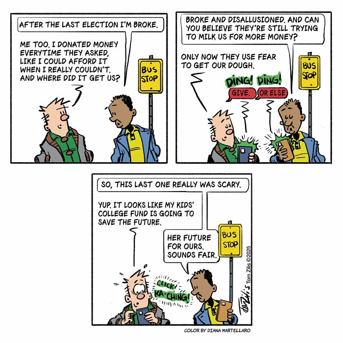 Two men at a bus stop discuss being broke and disillusioned in a funny comic capturing quirky life moments.