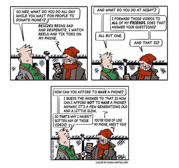 Two men talk humorously about phone use and watching videos in a comic illustrating the quirky side of life.