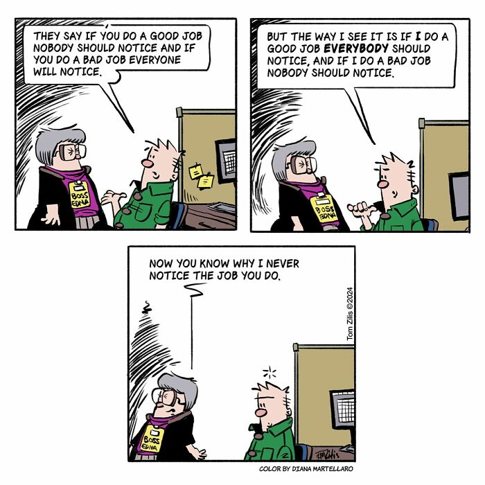 Comic strip illustrating quirky funny work conversation between boss and employee, capturing the quirky side of life.