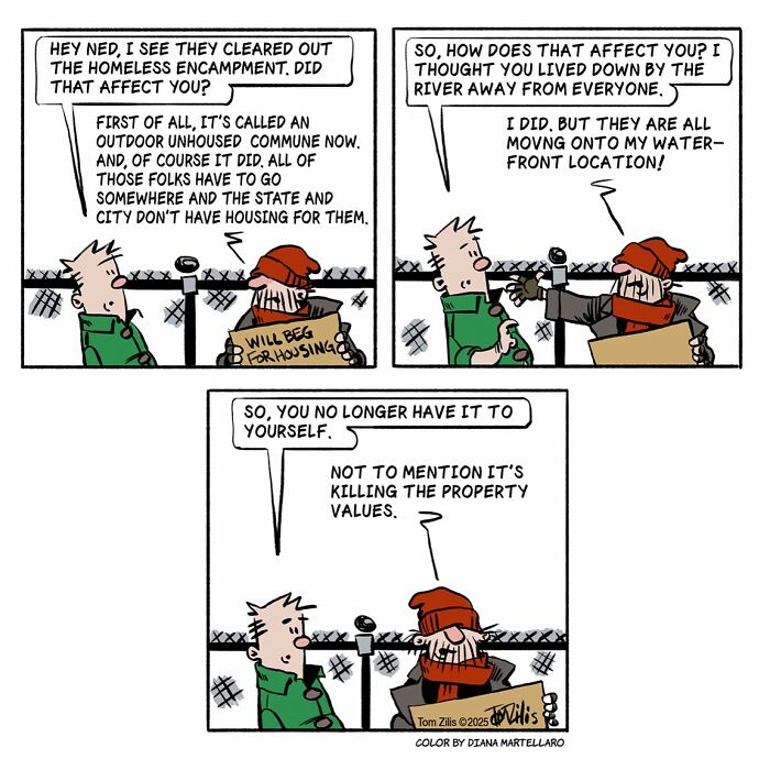 Comic strip showing two characters humorously discussing a homeless encampment and its impact on property values.