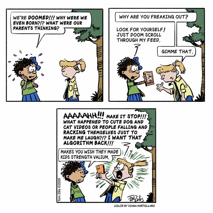 Two kids in a funny comic strip show the quirky side of life with social media frustrations and humorous dialogue.