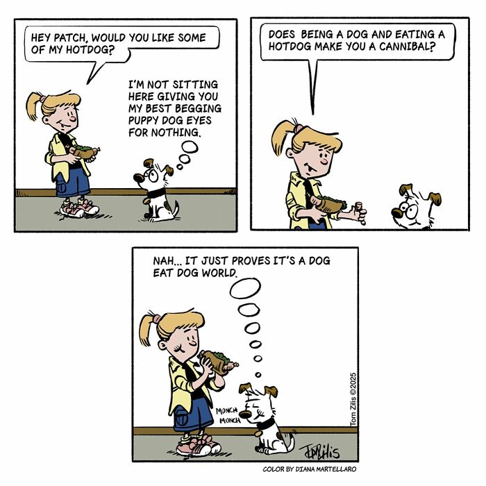 Comic strip showing a girl and her dog humorously exploring the quirky side of life in funny comics.