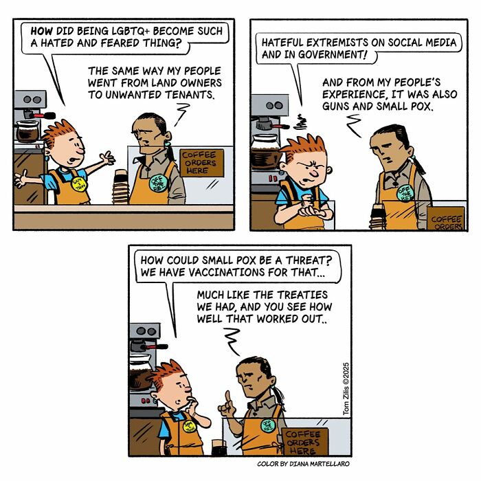 Comic panels showing two coffee shop workers discussing history and social issues, capturing the quirky side of life in funny comics.