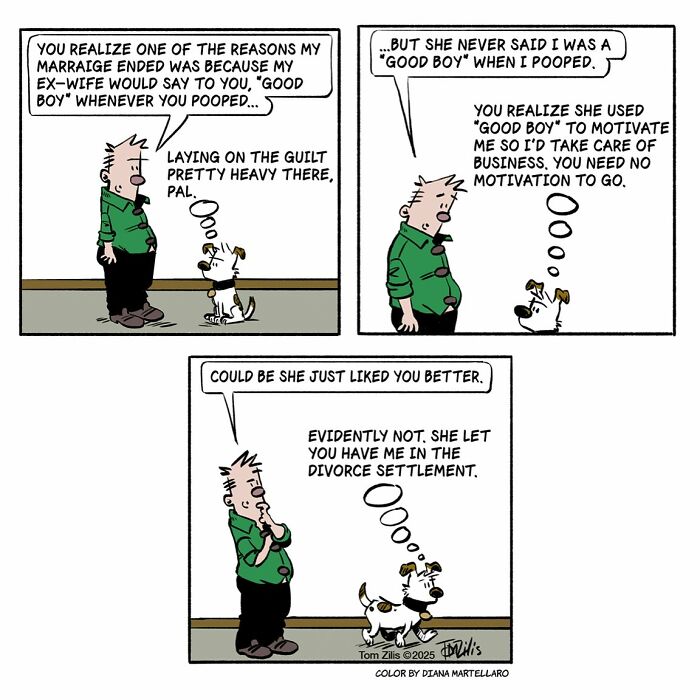 Comic strip showing quirky and funny life moments between a man and his dog in a humorous illustrated style.