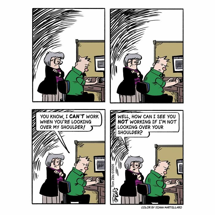 Comic strip showing a quirky humorous interaction between two characters about working while being watched.
