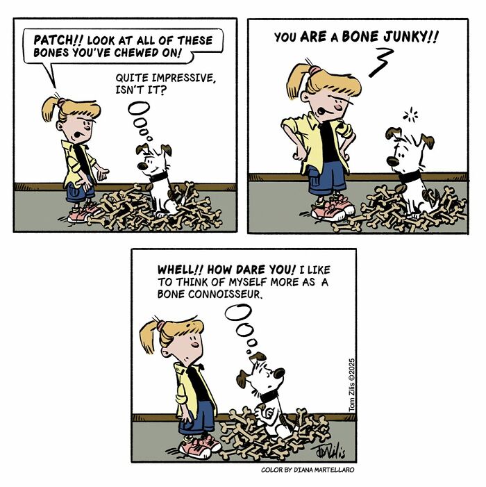 Comic strip showing a quirky dog and girl with many bones, capturing the funny side of life in a humorous comic style.