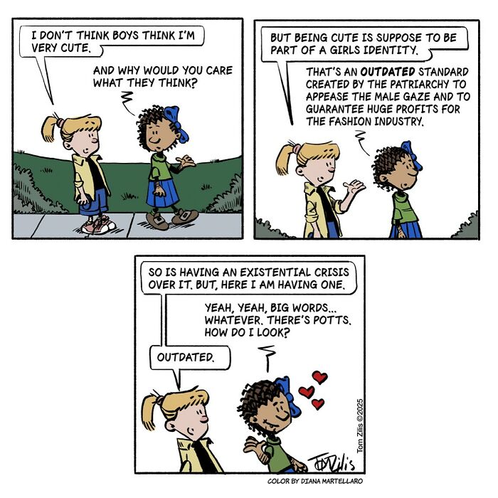 Comic strip showing quirky and funny conversations between two girls reflecting on identity and societal standards.