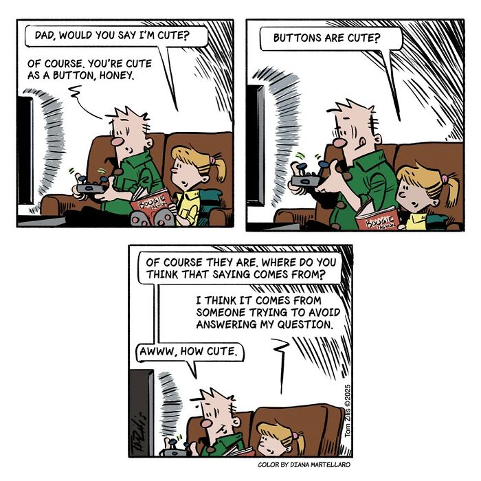 Comic strip showing a father and daughter humorously discussing what it means to be cute in a funny quirky life scene.