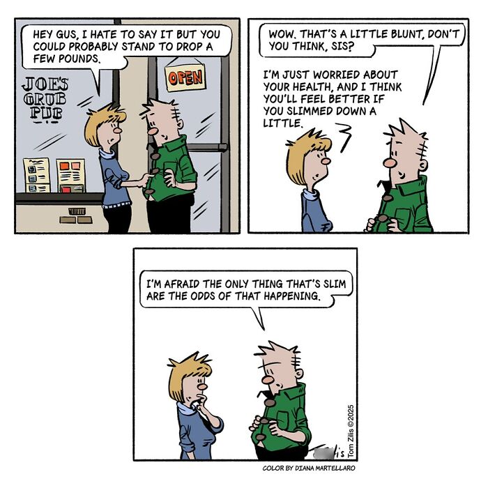 Comic strip showing quirky life humor with two characters discussing weight and health in a funny comic style.