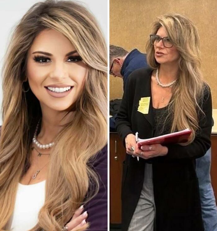 Side-by-side photos showing social media filter effects versus real-life appearance of a woman with long hair.