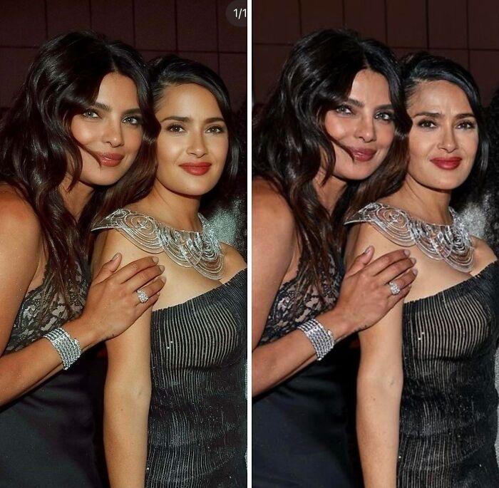 Two women posing in elegant dresses with jewelry showing differences in social media filter effects and real photos.