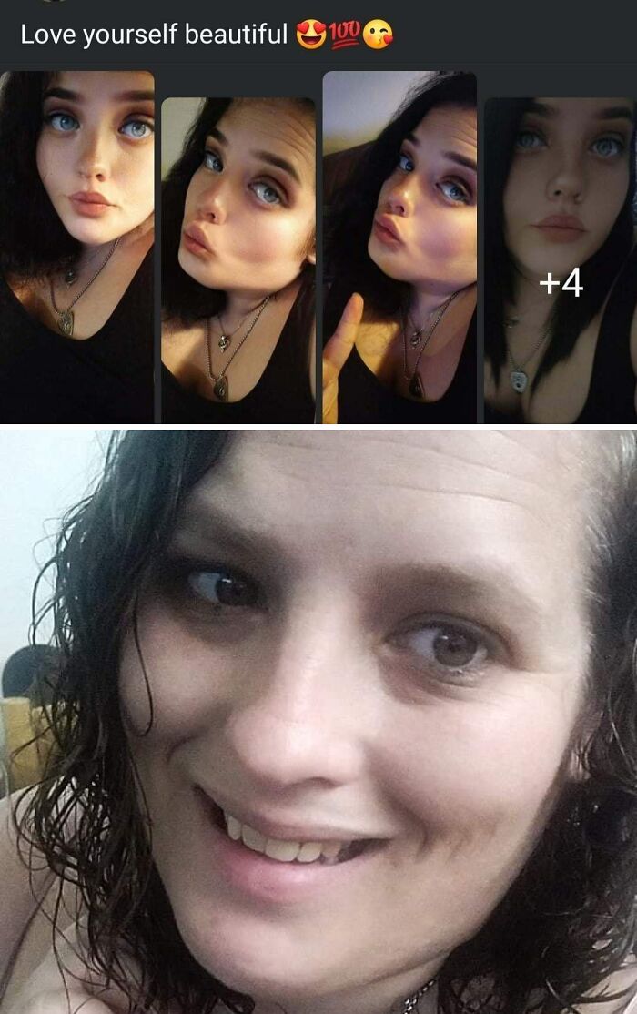 Side-by-side photos show social media filter effects contrasted with an unfiltered real-life image, highlighting filter fails.