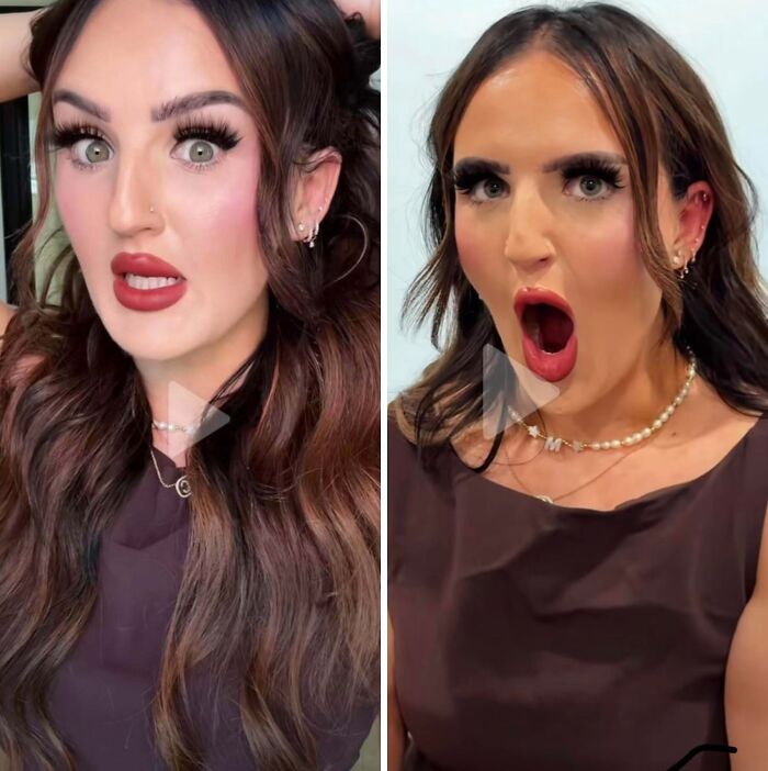 Woman showing contrast between filtered and unfiltered social media looks, highlighting attempts to fake it online.