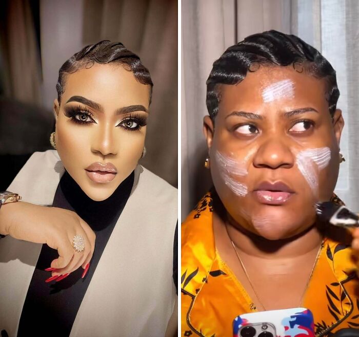 Side-by-side comparison of flawless social media filter look versus real makeup application without filters.