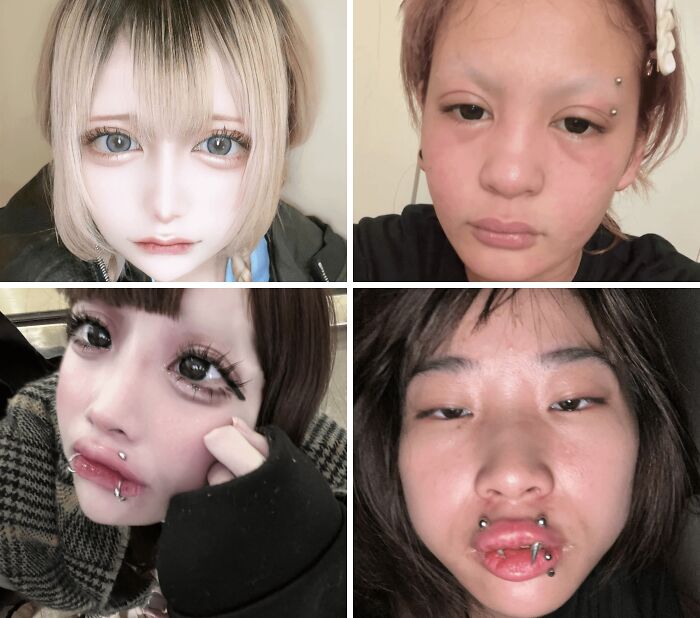 Four side-by-side photos showing people using heavy social media filters compared to their natural, unfiltered appearances.