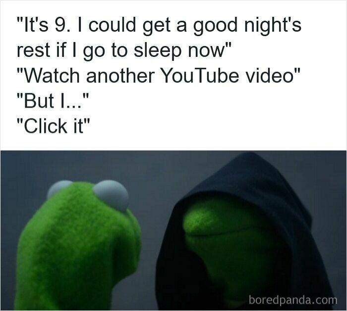 Insomnia meme showing Kermit debating watching YouTube instead of sleeping, capturing funny insomnia brain struggles.