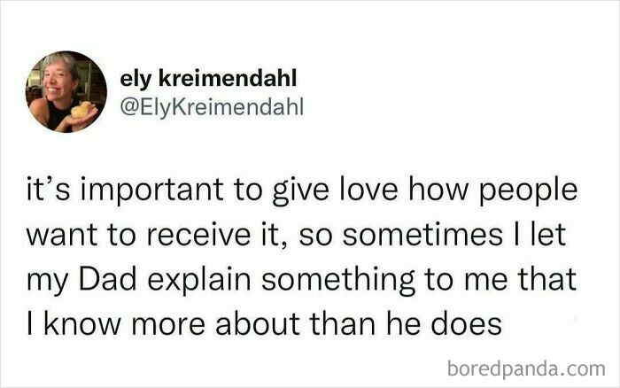 Tweet by Ely Kreimendahl humorously sharing truth about letting her dad explain things she knows better, winning the internet.