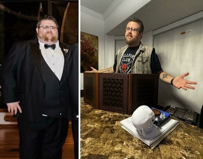 Before and after transformation of a man showing a significant life change with weight loss and new style in two side-by-side photos.