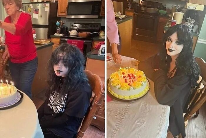 Person with dark hair and gothic makeup showing a dramatic transformation during a life-changing celebration with a cake.