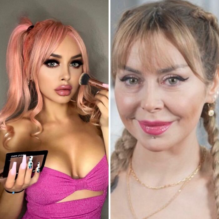 Two women showing differences between filtered social media images and real-life appearance, highlighting failed fakes online.
