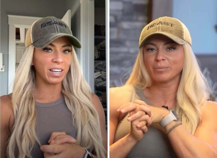 Woman wearing a Beast cap and tank top, sitting indoors and speaking in two side-by-side social media video frames.