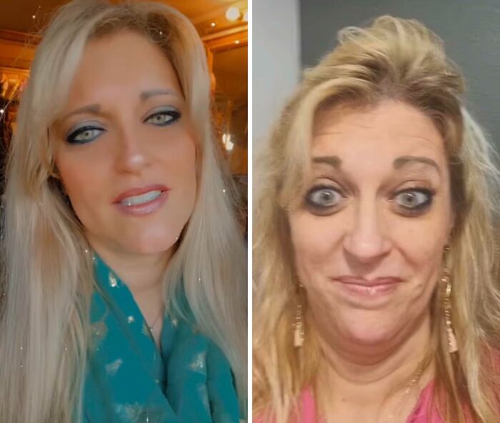 Woman using heavy makeup and filters on social media contrasted with her unfiltered real appearance indoors