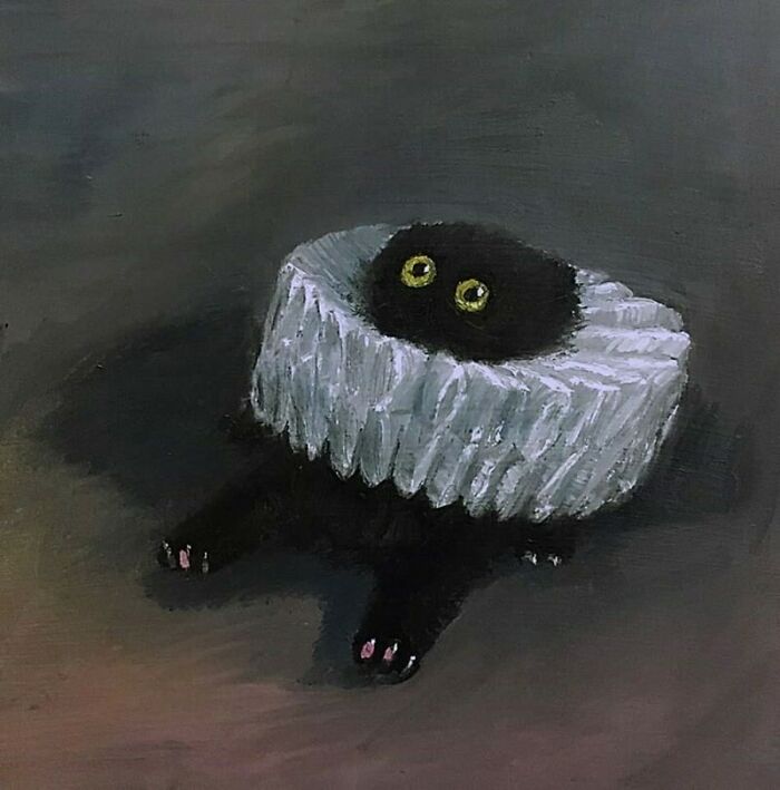 Black medieval cat with wide yellow eyes wearing a large white ruff collar against a dark background in medieval cats style.