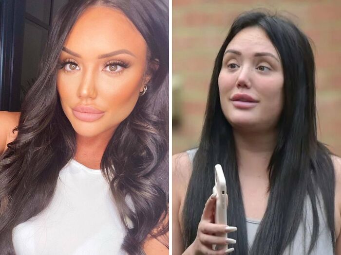 Side-by-side comparison of a woman with heavy social media filters versus her natural appearance without filters.