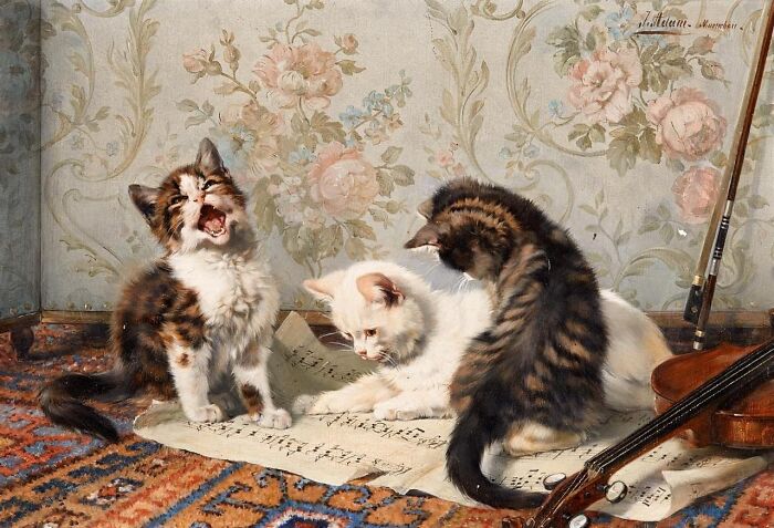 Three playful cats on a patterned rug with a violin and sheet music in a medieval-inspired setting.