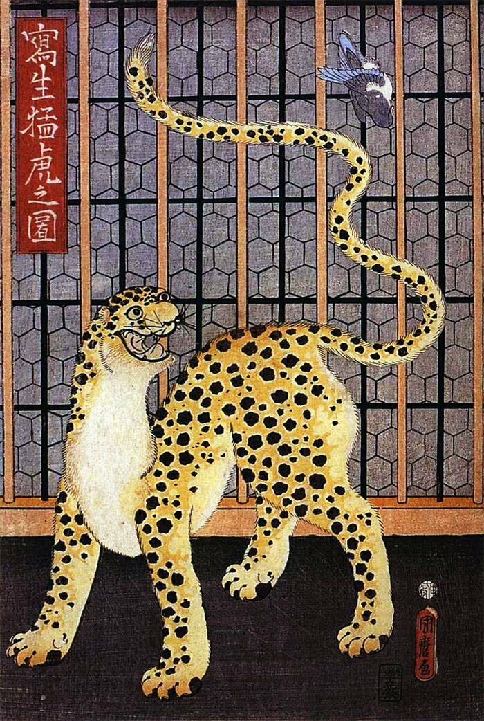 Medieval cat art showing a spotted feline with an exaggerated tail in a traditional cage setting.