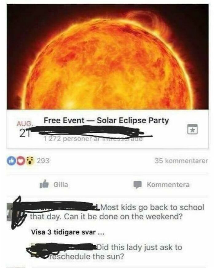 Solar eclipse event post with humorous comments where users joke about rescheduling the sun during a free party announcement.