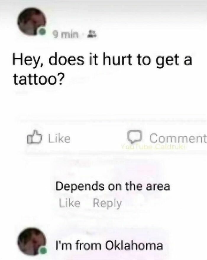 Social media comments thread humor showing a witty reply about tattoo pain that outshines the original post.