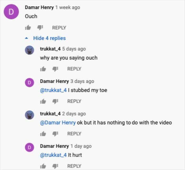 Screenshot of a funny online comment thread where users discuss a toe injury unrelated to the post.