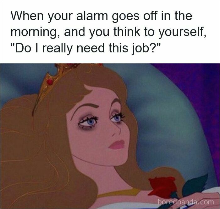 Tired animated princess lying awake in bed, thinking about work, illustrating funny insomnia memes about restless nights.