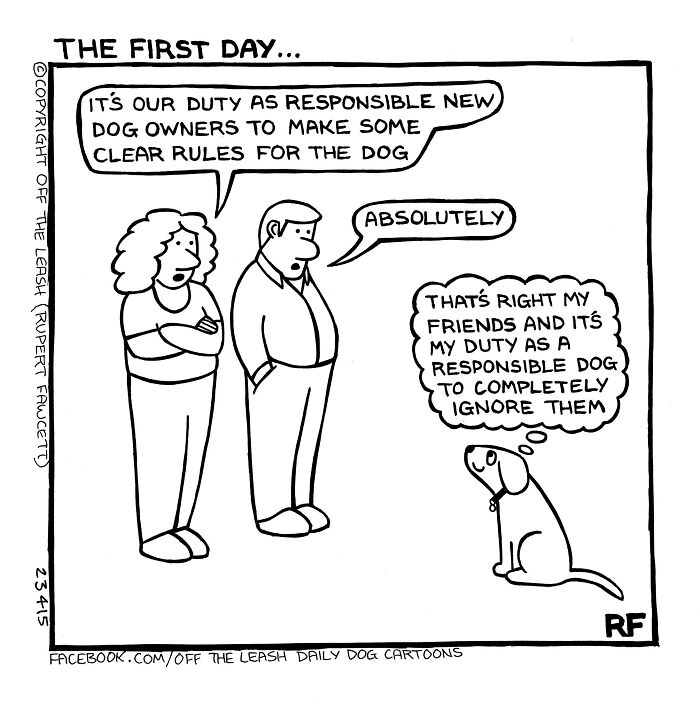 Cartoon showing chaos and joy of owning a dog with owners setting rules and dog planning to ignore them.