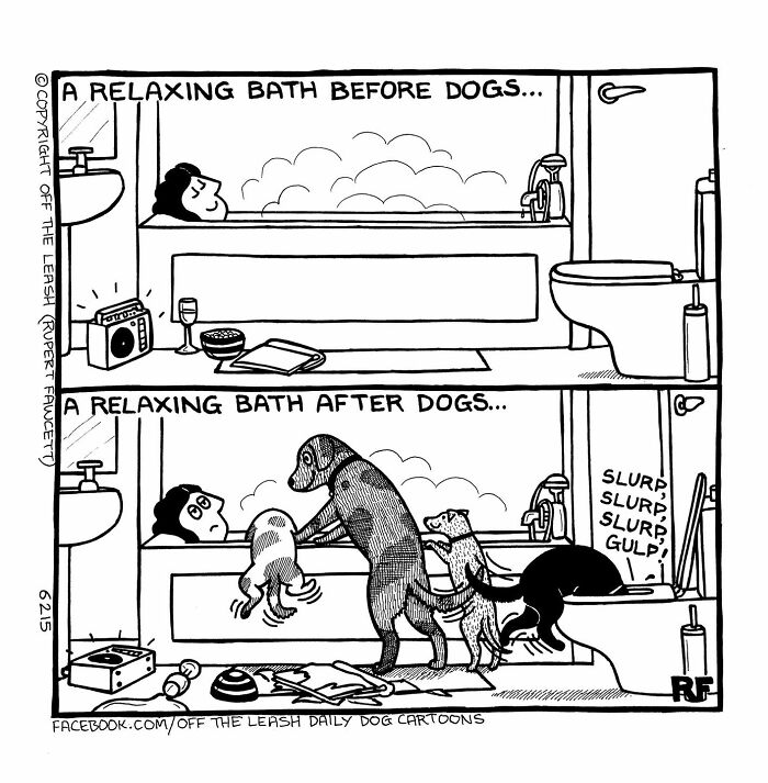Cartoon showing the chaos and joy of owning a dog with a relaxing bath before and after dogs interrupt it.