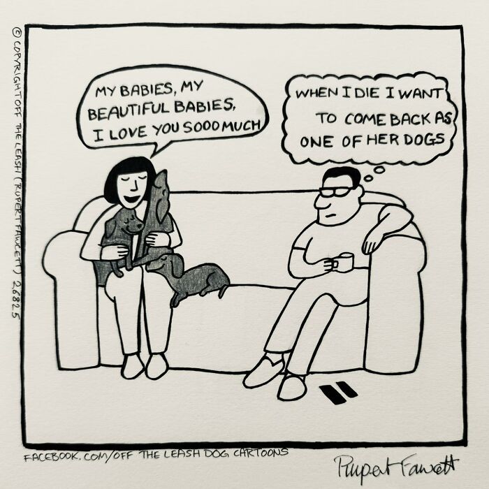 Cartoon showing the joy and chaos of owning a dog with a woman hugging dogs and a man wishing to be one.