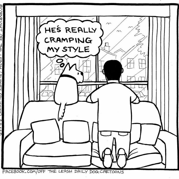 Dog cartoon showing humor and chaos of owning a dog with a pet cramping owner’s style by sitting on the couch backrest