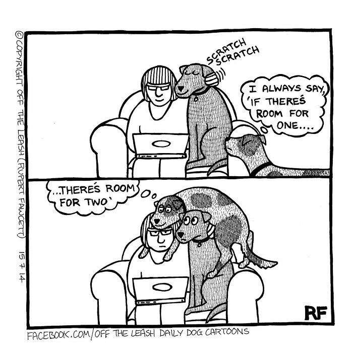 Comic showing the chaos and joy of owning a dog with multiple dogs crowding a person on a couch.