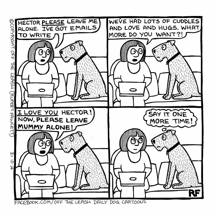 Comic showing the chaos and joy of owning a dog, with a woman trying to work while her dog demands attention.