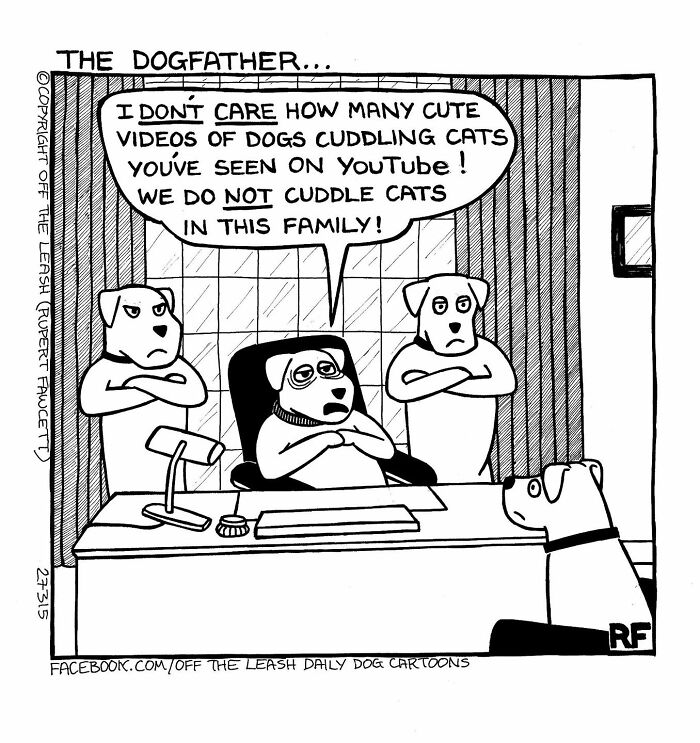 Cartoon dogs in an office setting showing the chaos and joy of owning a dog through humorous dialogue.